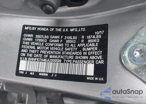 2018 Honda Civic Sport из США, поврежденный, VIN SHHFK7H46JU205599